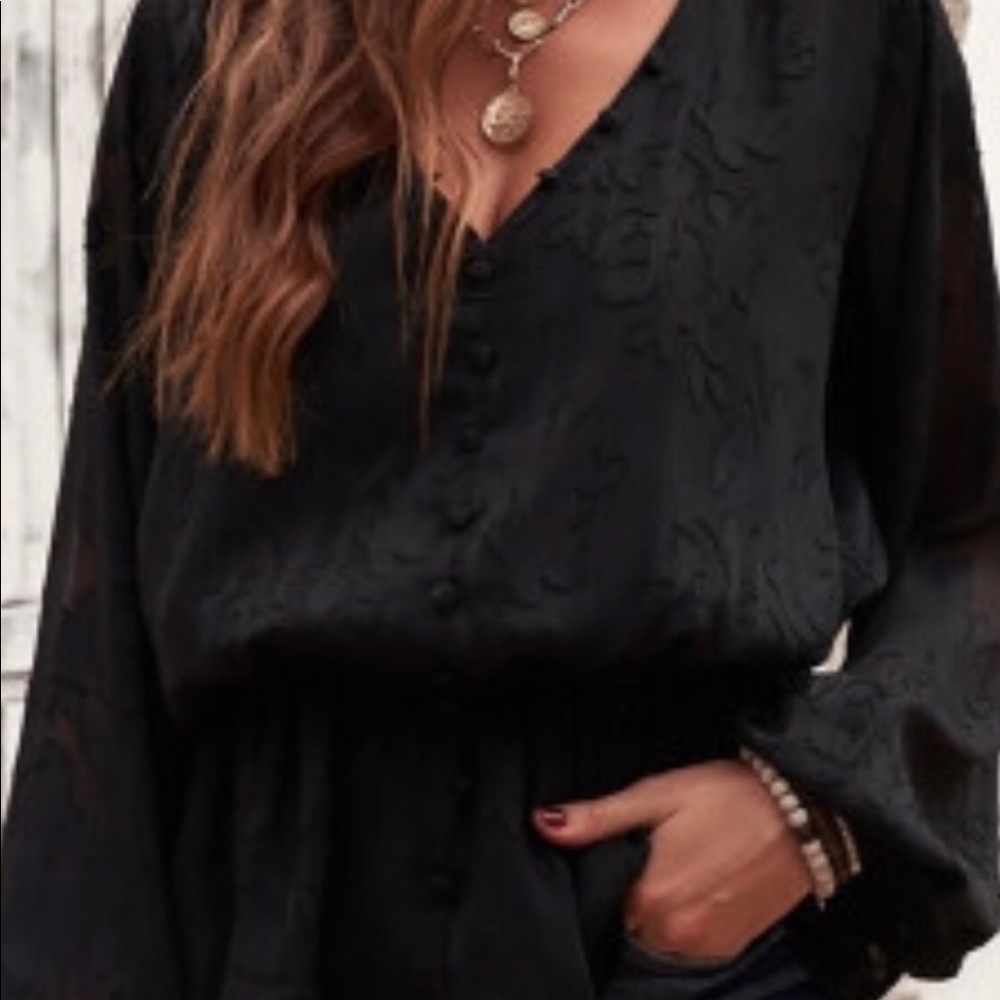 Black Shimmer Printed V-Neck Ruffled Top